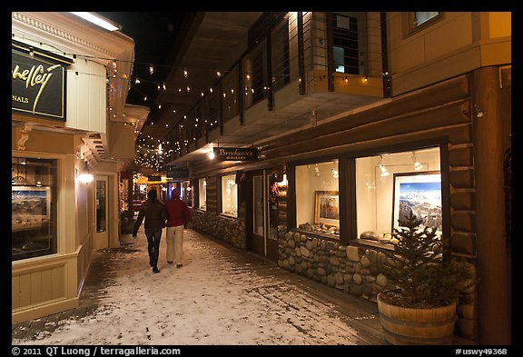 Alley with art galleries, winter night. Jackson, Wyoming, USA