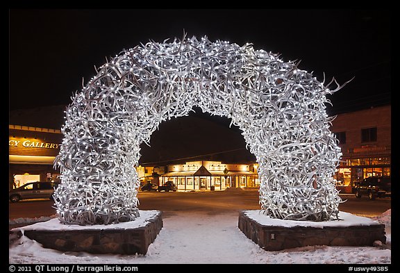 Antler arch and galleries by night in winter. Jackson, Wyoming, USA