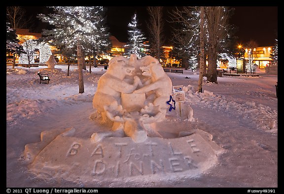 Winterfest ice sculpture by night, Town Square. Jackson, Wyoming, USA (color)