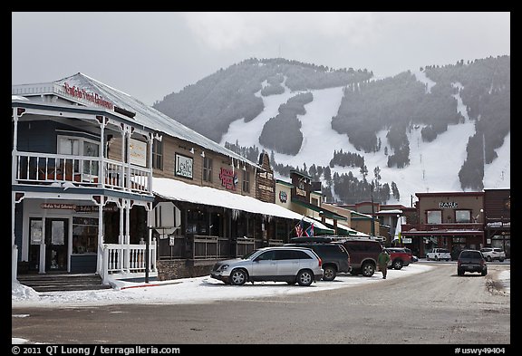 Town square stores and ski slopes in winter. Jackson, Wyoming, USA