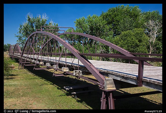 Three-span bowstring through truss bridge over the North Platte River. Fort Laramie National Historical Site, Wyoming, USA (color)