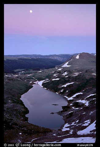 Lake and moon, dusk, Beartooth Range, Shoshone National Forest. Wyoming, USA (color)