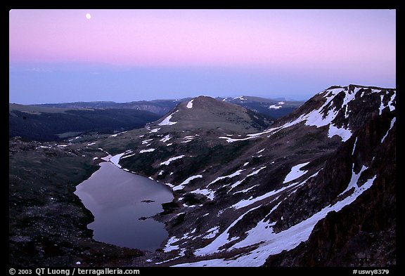 Alpine lake at dusk, Beartooth Mountains, Shoshone National Forest. Wyoming, USA