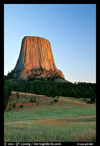 Devils Tower monolith at sunset, Devils Tower National Monument. Wyoming, USA