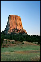 Devils Tower monolith at sunset, Devils Tower National Monument. Wyoming, USA (color)