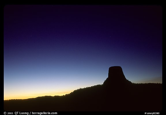 Profile of volcanic monolith at dusk,  Devils Tower National Monument. Wyoming, USA (color)