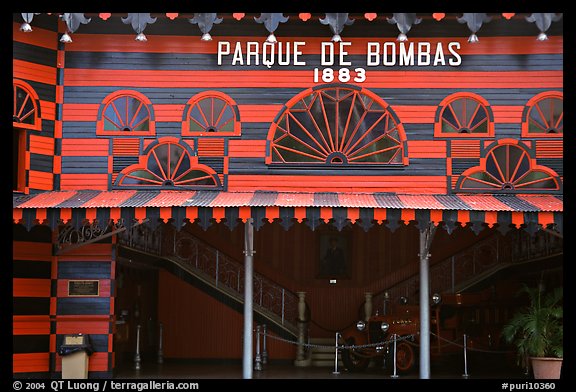 Parc De Bombas, a red and black striped historic firehouse, Ponce. Puerto Rico (color)