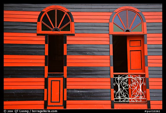 Red window shutters and striped walls, Parc De Bombas, Ponce. Puerto Rico (color)