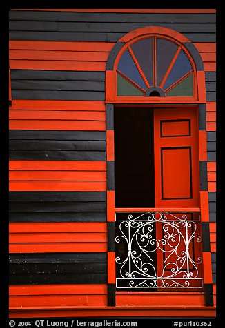 Window with red  shutters and striped walls,  Parc De Bombas, Ponce. Puerto Rico (color)