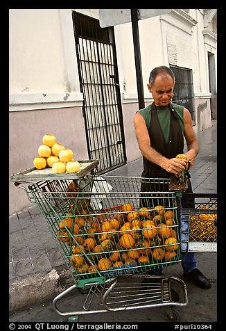 A man peels oranges to make an orange drink, which is drunk from the fruit itself, Ponce. Puerto Rico (color)