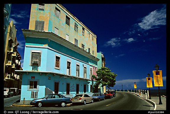 Multi-story building painted with pastel colors, old town. San Juan, Puerto Rico