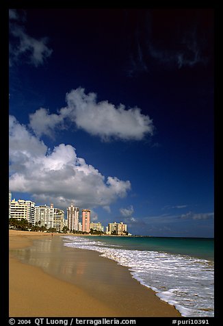 Beach and high-rise buildings, morning. San Juan, Puerto Rico (color)