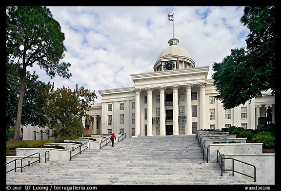 Stairs with man walking up, Alabama State Capitol. Montgomery, Alabama, USA
