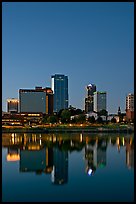 Downtown buidings and Arkansas River at twilight. Little Rock, Arkansas, USA