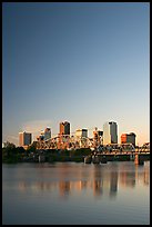 Downtown skyline and Arkansas River at sunrise. Little Rock, Arkansas, USA