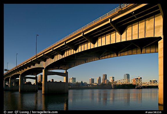 Skyline framed by bridge at sunrise. Little Rock, Arkansas, USA