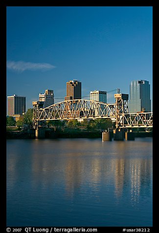 Arkansas River, bridge and skyline, early morning. Little Rock, Arkansas, USA