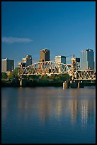 Arkansas River, bridge and skyline, early morning. Little Rock, Arkansas, USA