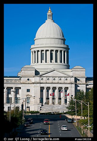 Arkansas State Capitol and street. Little Rock, Arkansas, USA