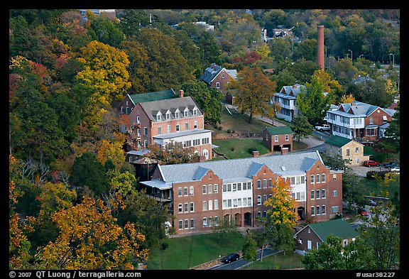 Historic buildings and smokestack from above. Hot Springs, Arkansas, USA