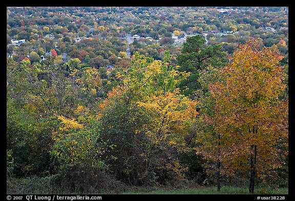 Trees in fall colors and city. Hot Springs, Arkansas, USA (color)