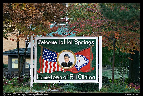 Welcome sign featuring Bill Clinton. Hot Springs, Arkansas, USA