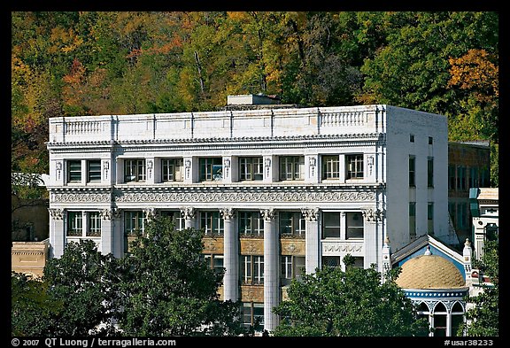 Historic buildings at the base of hills. Hot Springs, Arkansas, USA (color)