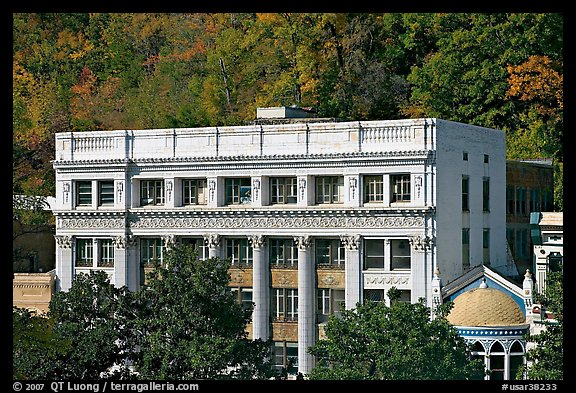 Historic buildings at the base of hills. Hot Springs, Arkansas, USA