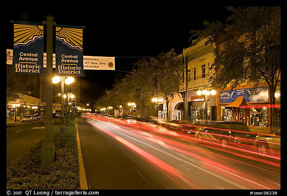 Historic district avenue with car lights. Hot Springs, Arkansas, USA