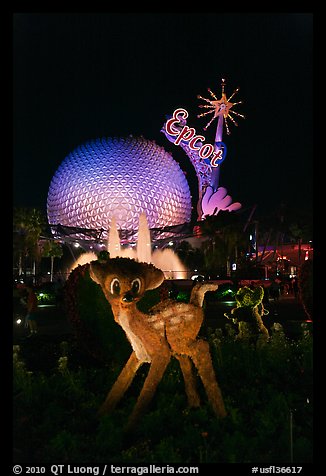 Bambi and Epcot sphere by night, Walt Disney World. Orlando, Florida, USA