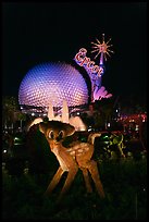 Bambi and Epcot sphere by night, Walt Disney World. Orlando, Florida, USA