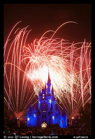 Fireworks over fairy-tale fortress. Orlando, Florida, USA (color)