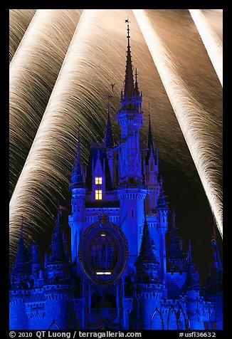 Fairy-tale castle at night with fireworks. Orlando, Florida, USA (color)