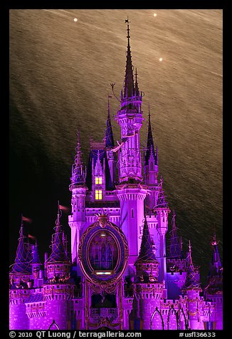 Illuminated Cinderella Castle, fireworks. Orlando, Florida, USA (color)