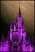 Illuminated Cinderella Castle, fireworks. Orlando, Florida, USA (color)