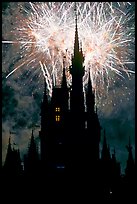 Cinderella Castle at night with fireworks in sky. Orlando, Florida, USA (color)