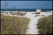 Path, dune grass, and lifeguard platform, Jetty Park. Cape Canaveral, Florida, USA