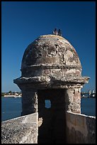 Fortified Turret, pigeons, and Matanzas Bay, Castillo de San Marcos National Monument. St Augustine, Florida, USA