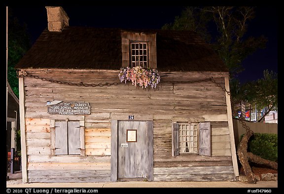 Facade of oldest wooden school house in the US by night. St Augustine, Florida, USA (color)