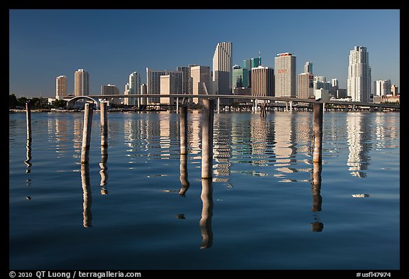 Bridge, pillings, and downtown skyline, Miami. Florida, USA (color)