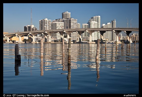Mc Arthur Causeway bridge and high rise towers, Miami. Florida, USA (color)