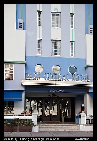 Entrance of Park Central Hotel in Art Deco architecture, Miami Beach. Florida, USA