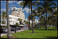 Palm trees and Art Deco hotels, South Beach, Miami Beach. Florida, USA (color)