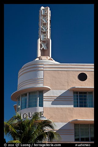 Deco-style spire on top of Essex hotel, Miami Beach. Florida, USA (color)