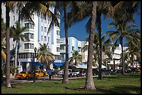 South Beach Art Deco buildings seen through palm trees, Miami Beach. Florida, USA (color)