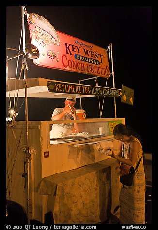 Food stall selling conch fritters on Mallory Square. Key West, Florida, USA (color)