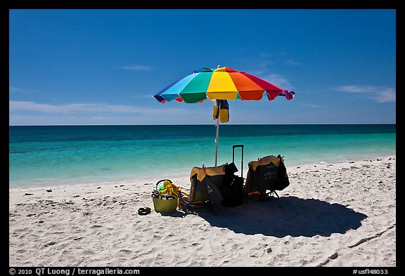 Beach umbrella and turquoise water, Bahia Honda State Park. The Keys, Florida, USA (color)