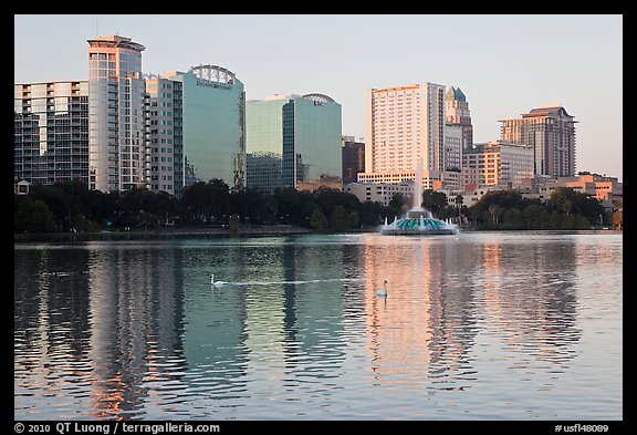 High rise buildings and fountain, lake Eola. Orlando, Florida, USA