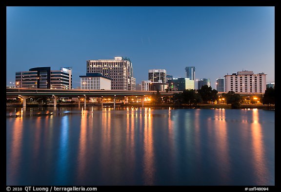 Night skyline from Lake Lucerne. Orlando, Florida, USA