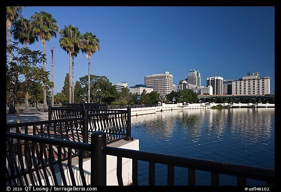 Lake Lucerne, palm trees, and downtown skyline. Orlando, Florida, USA (color)